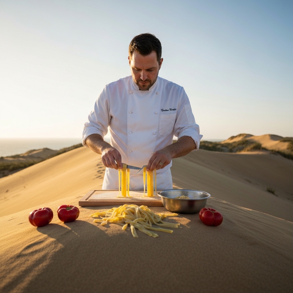 Chef preparing fresh pasta in a desert landscape during sunset.