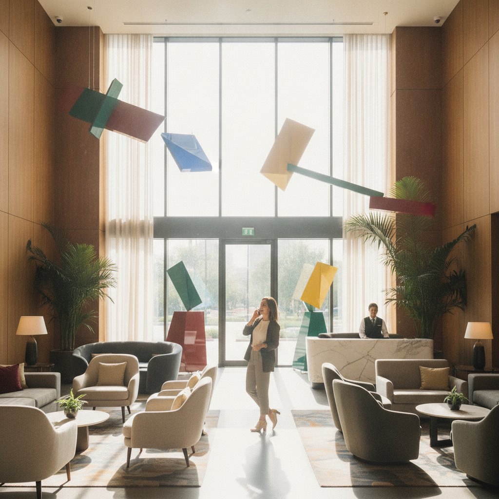 Modern hotel lobby with abstract art and a woman talking on the phone.