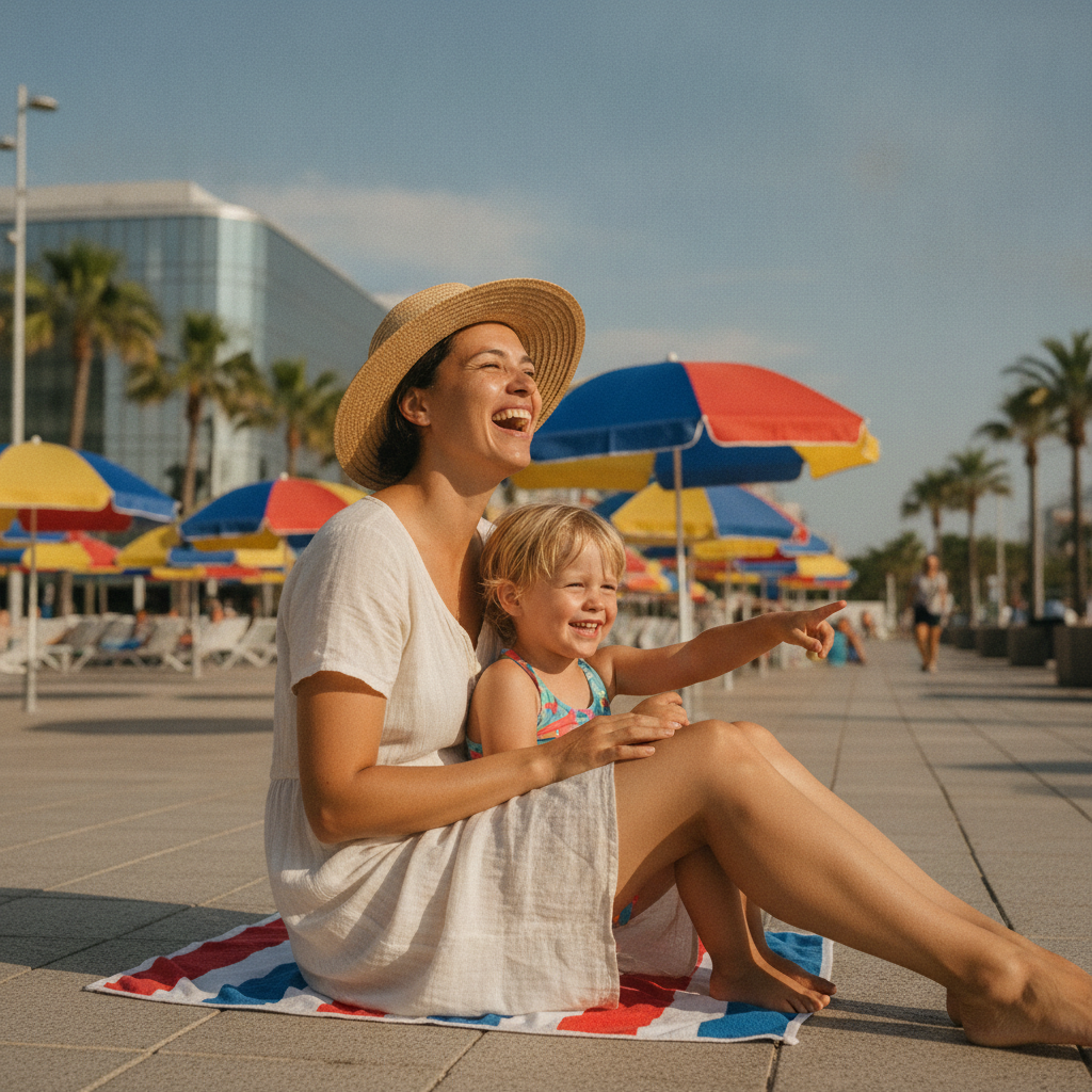 A joyful mother and daughter sitting on a beachside with colorful umbrellas in the background.